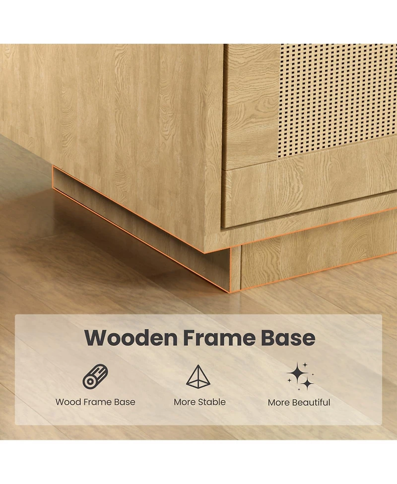 homfan Boho Style 5-Tier Wooden Shelving Unit with Rattan Doors - Tall Display and Storage Bookcase for Indoor Living and Working Spaces