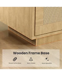 homfan Boho Style 5-Tier Wooden Shelving Unit with Rattan Doors - Tall Display and Storage Bookcase for Indoor Living and Working Spaces