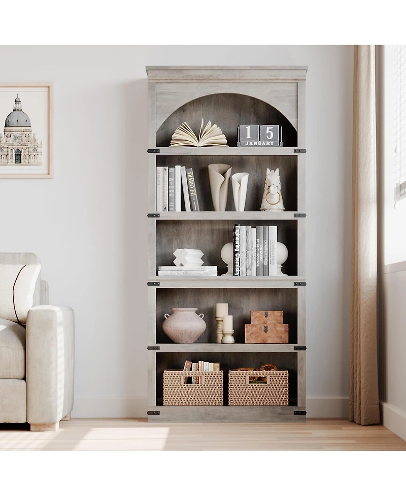 homfan Farmhouse Arched Bookcase, 68.7 Inch Tall Bookshelf with Arch Top Design, Wooden 5 Tier Storage Bookshelves for Living Room