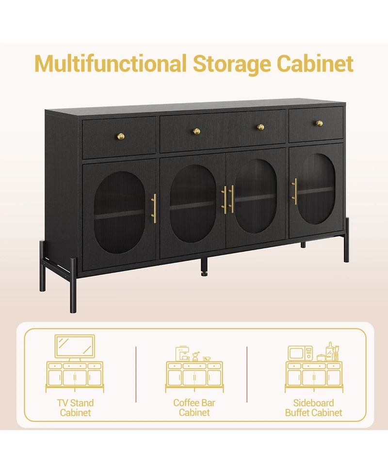 homfan Retro Fluted Acrylic Door Storage Cabinet, Engineered Wood Multi-Functional Sideboard Console with Metal Legs and Anti-Tip Structure