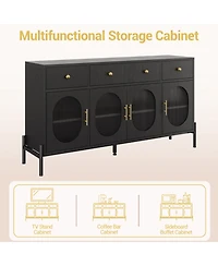 homfan Retro Fluted Acrylic Door Storage Cabinet, Engineered Wood Multi-Functional Sideboard Console with Metal Legs and Anti-Tip Structure