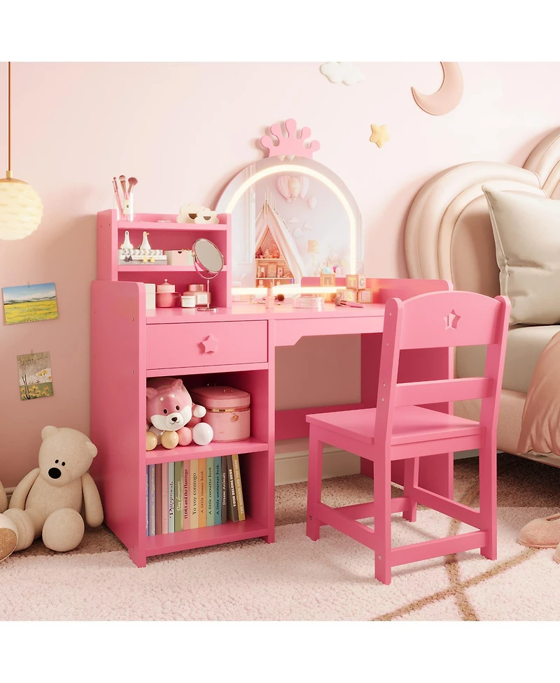 homfan 2-in-1 Kids Vanity Set with Lighted Mirror, 4-Piece Dressing Table with Bookshelf, Storage Cabinet and Stool, for Girls Ages 3-8