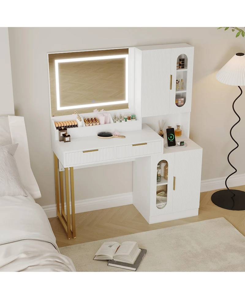 homfan Modern Fluted Vanity Desk with Led Mirror, Charging Station, 2 Drawers and 2 Cabinets, Spacious Wooden Makeup Table for Bedroom or Dorm