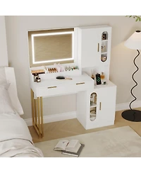 homfan Modern Fluted Vanity Desk with Led Mirror, Charging Station, 2 Drawers and 2 Cabinets, Spacious Wooden Makeup Table for Bedroom or Dorm
