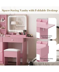 homfan Vanity Desk with Mirror and Led Lights, Power Outlets, Drawers, Cabinet, Storage Stool, Collapsible Panel, Compact Bedroom Dressing Table