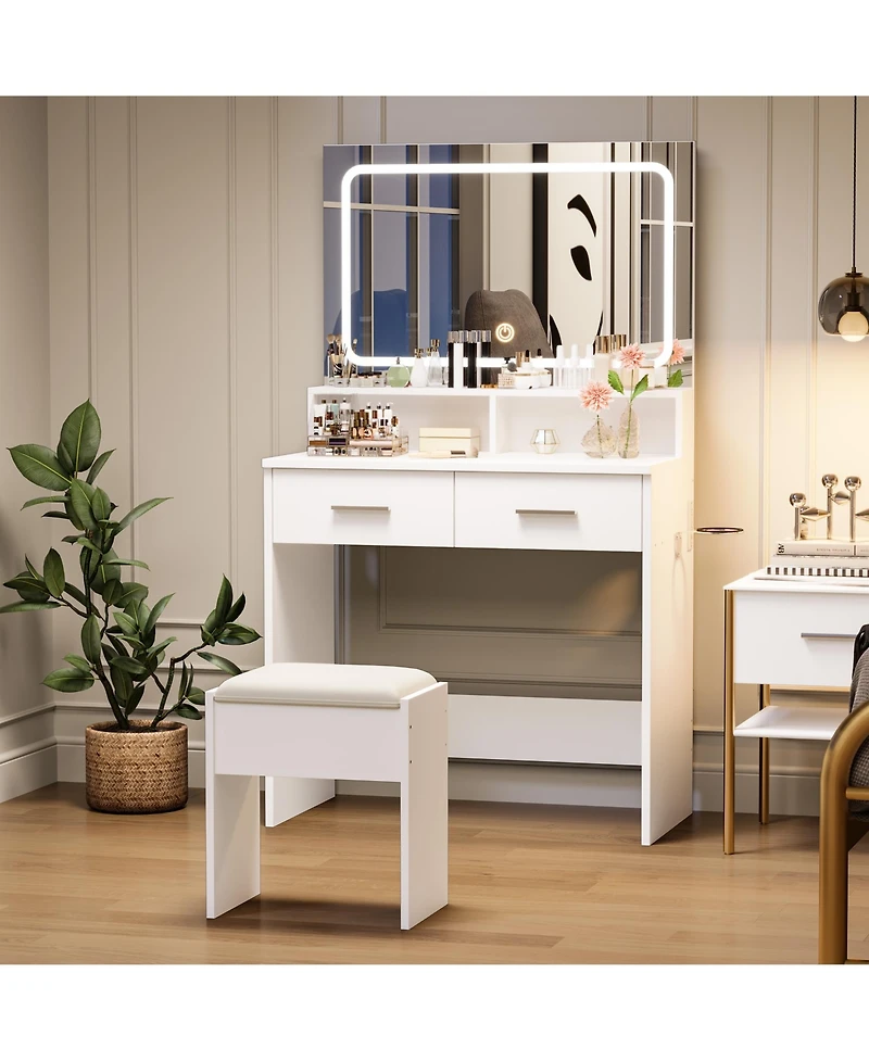 homfan Vanity Set with 3-Color Adjustable Led Mirror, Small Makeup Desk with Power Outlet, 2 Drawers, Modern Dressing Table, Cushion Stool Bedroom