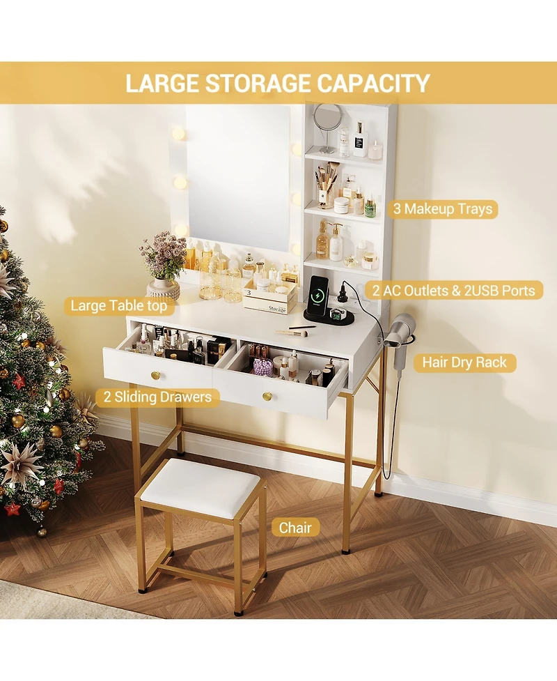 homfan Modern Vanity Desk with Led Mirror and Charging Station, 2 Large Drawers, 3 Adjustable Lighting Modes, Open Shelves, Chair, Bedroom
