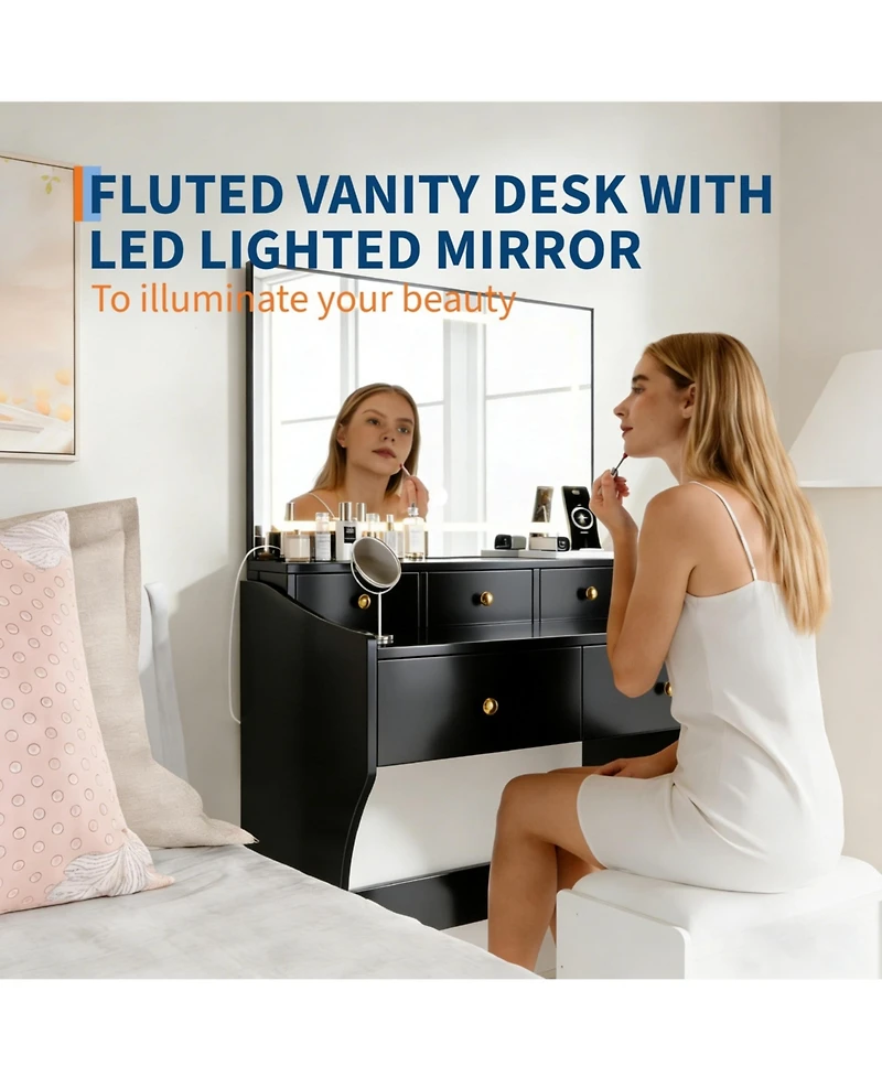 homfan 31.5-Inch-Wide Vanity with Chair, Womens Stool, Led Mirror, Hairdryer Holder, Power Outlet, 3 Lighting Color Adjustable