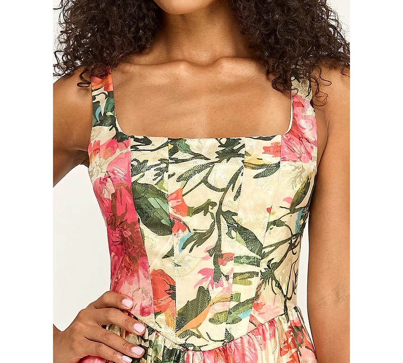 Seni & Cade Juniors' Printed Jacquard Square Neck Corset Drop-Waist Dress
