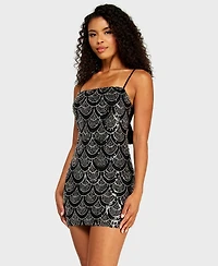B Darlin Juniors' Square Neck Beaded Detail Chiffon Back-Tie Sequin Dress