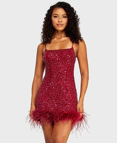 Alex & Sophia Juniors' Square Neck Bead Imitation Pearl Detail Sequin Dress