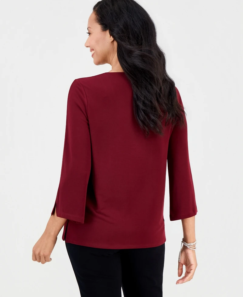 Jm Collection Petite V-Neck 3/4-Sleeve Zip-Front Blouse, Macy's Exclusive