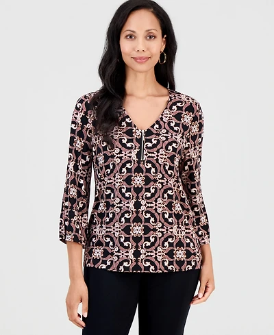 Jm Collection Women's Printed 3/4 Sleeve Zip-Front Top, Macy's Exclusive
