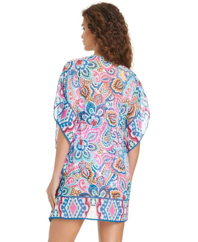 Beyond Control Women's Artistic Paisley Chiffon V-Neck Swim Cover-Up Caftan