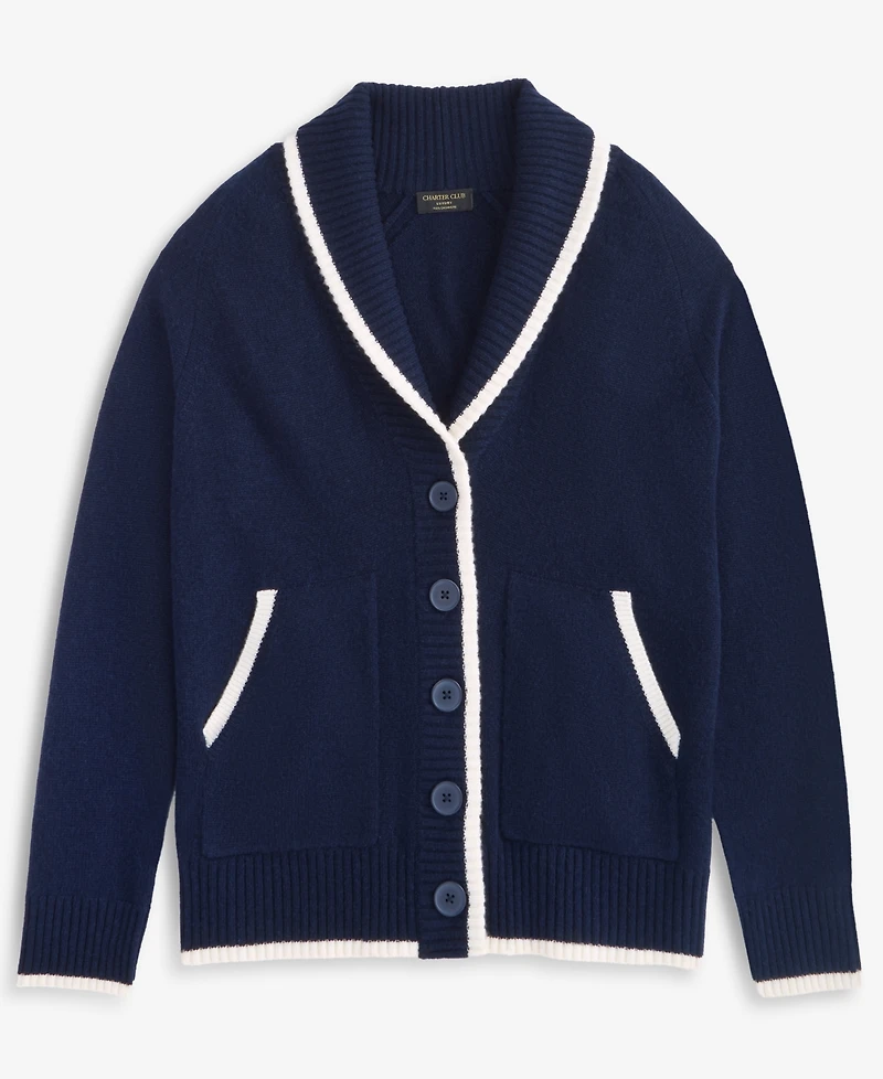 Charter Club Women's 100% Cashmere Tipped Shawl-Collar Boyfriend Cardigan, Macy's Exclusive