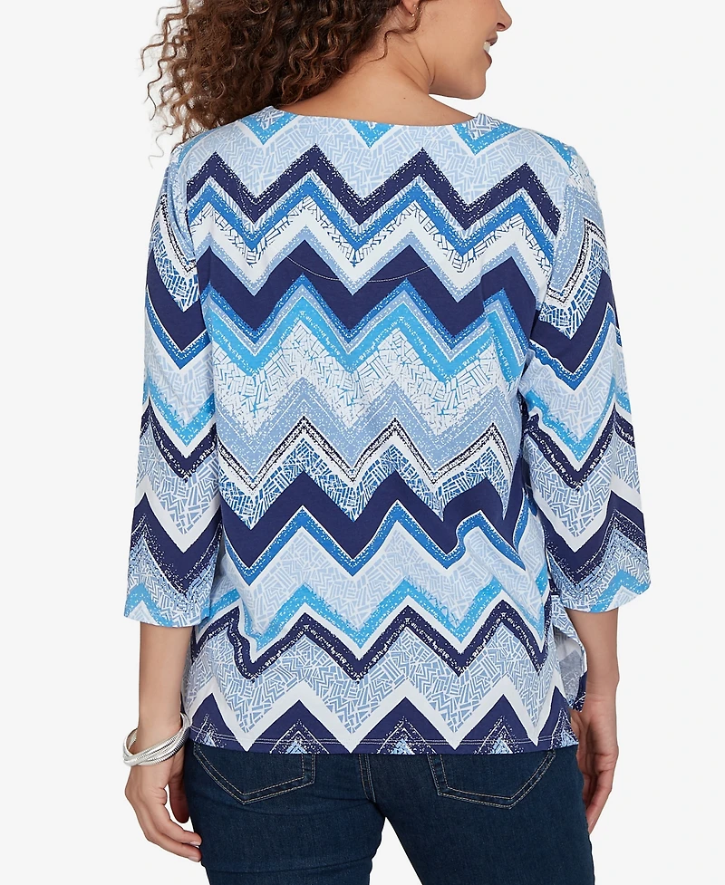 Alfred Dunner Women's Chevron Blues Split Neck Top