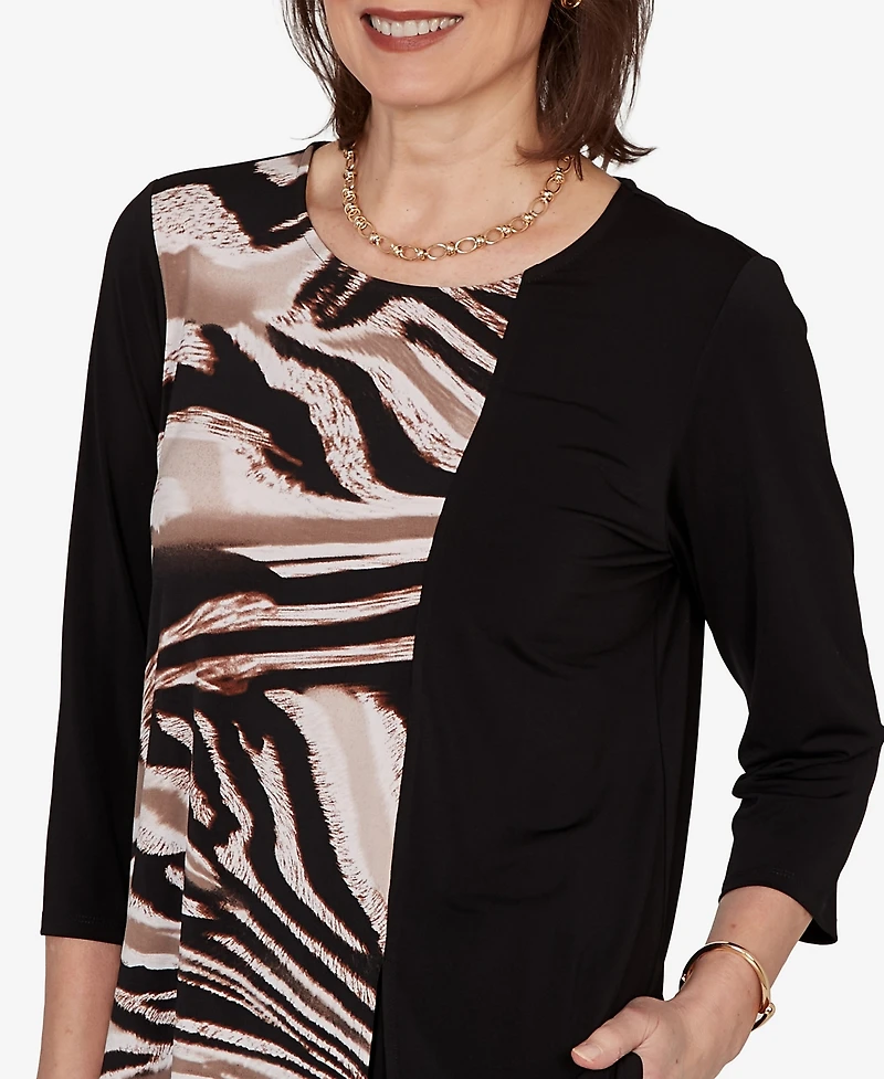 Alfred Dunner Women's Vertical Spliced Animal Puff Printed Top