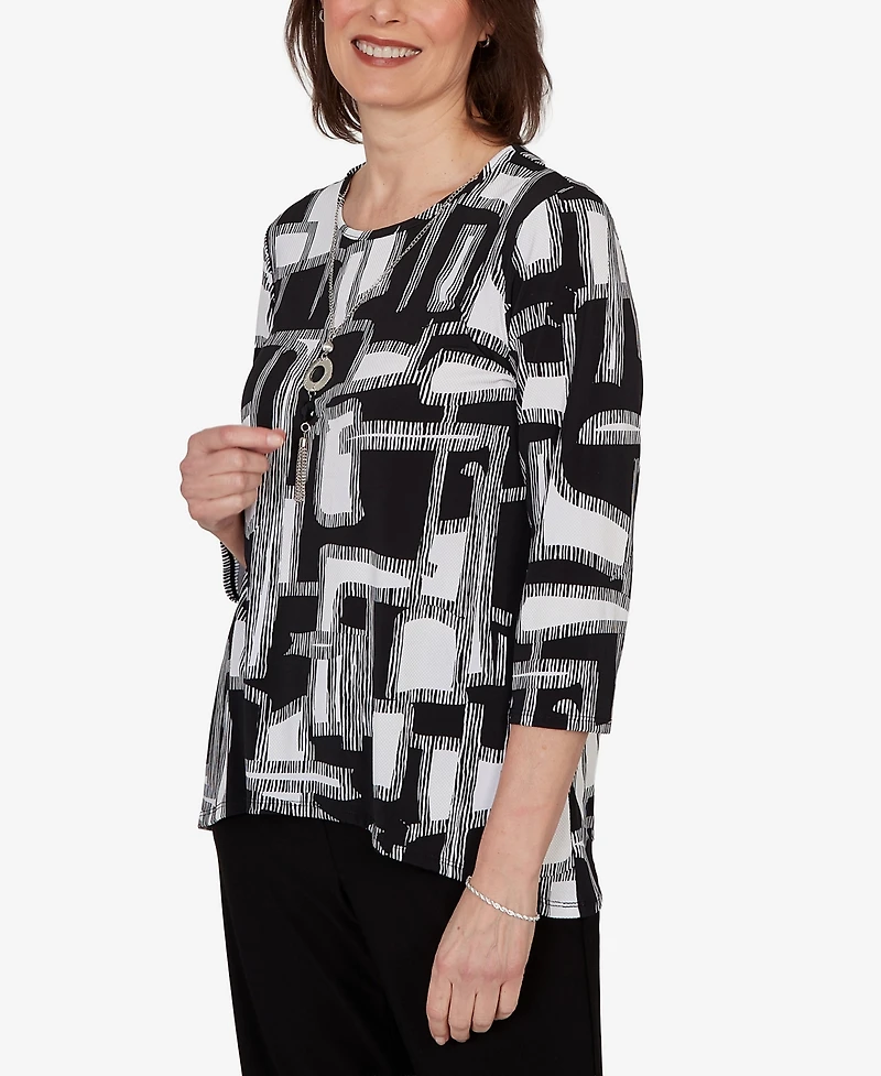 Alfred Dunner Women's Geo Boxes Puff Printed Top with Necklace