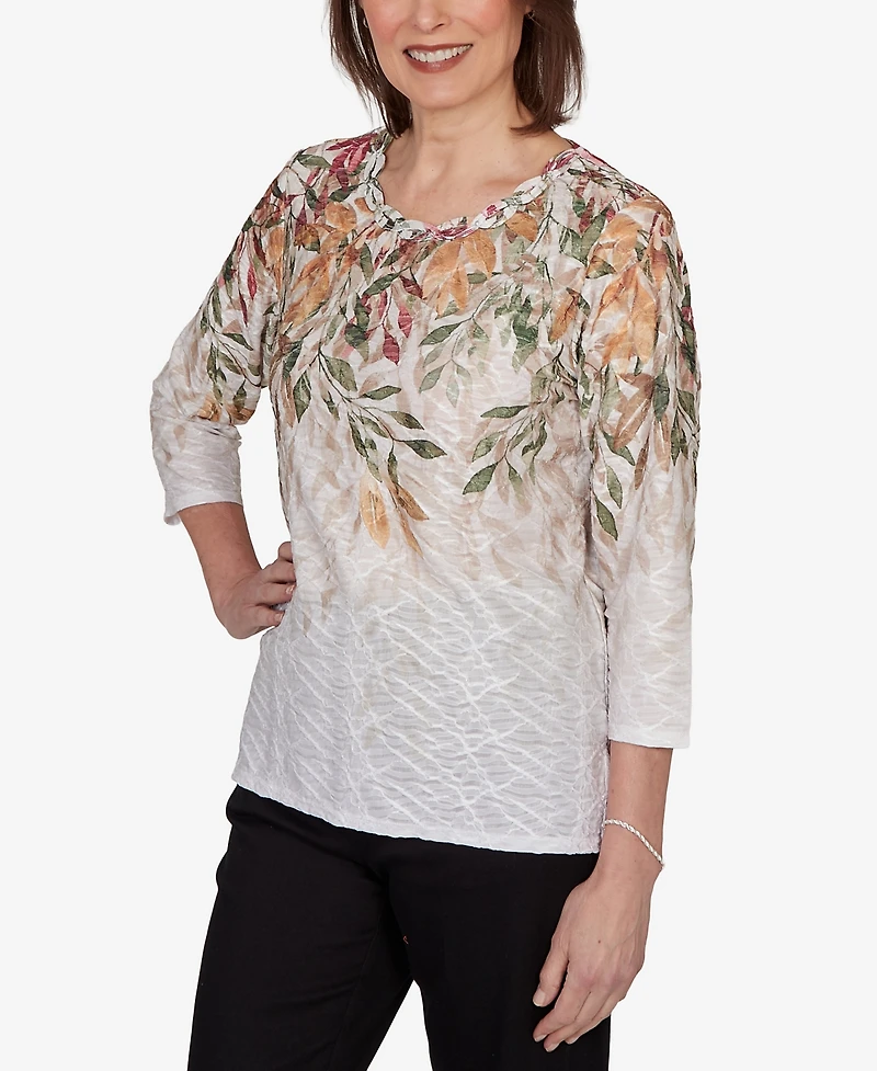 Alfred Dunner Women's Autumn Leaves Braided Neck Top