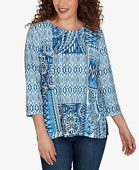 Alfred Dunner Women's Medallion Navy Patchwork Knit Top