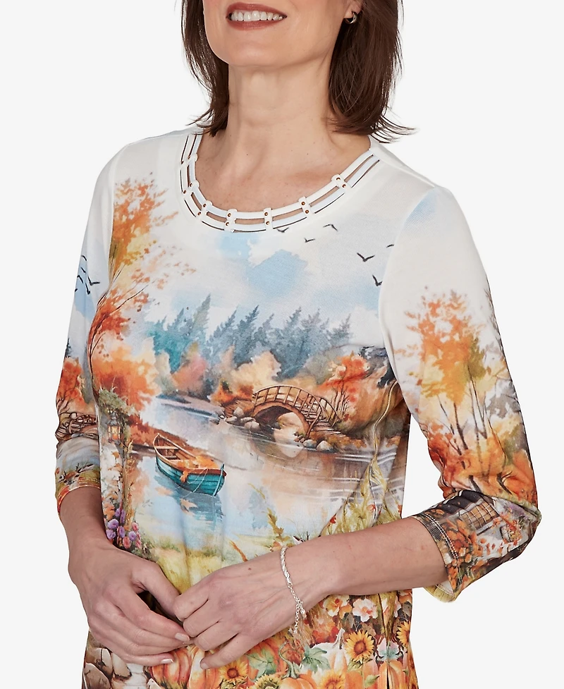 Alfred Dunner Women's Autumn Lake Scenic Print Top