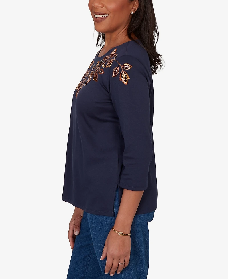 Alfred Dunner Women's Autumn Embroidered Navy Knit Top
