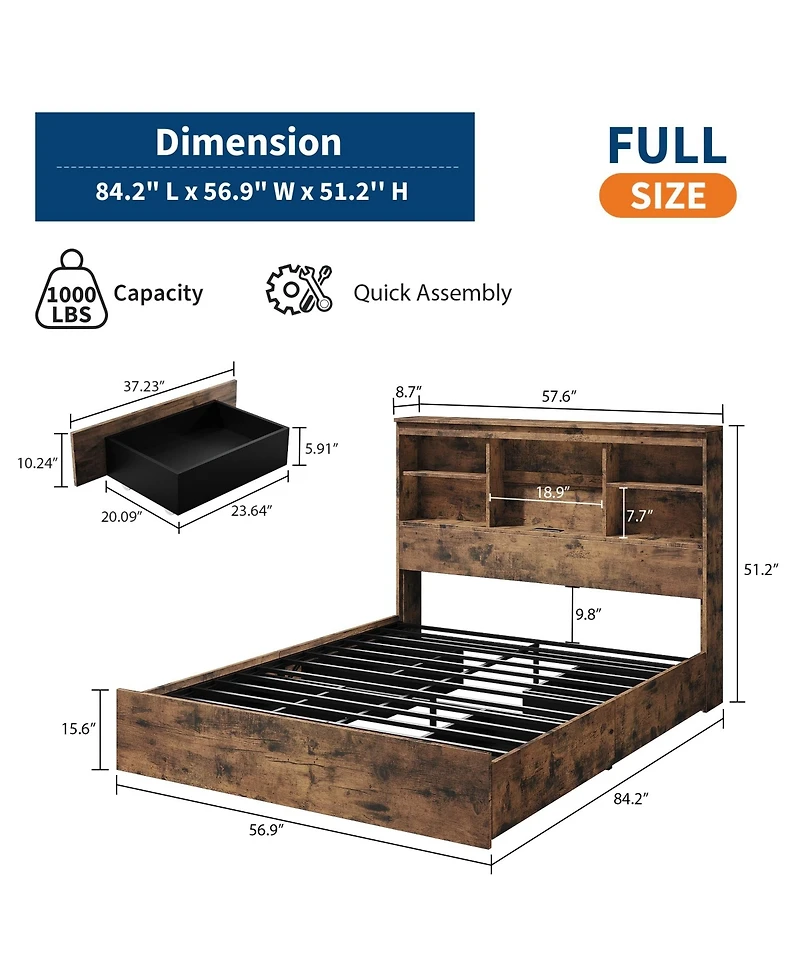 homfan Wood Bed Frame with Bookcase Headboard, 4 Storage Drawers, Built-in Charging Station, Metal Platform, Noise-Free