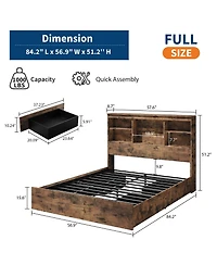 homfan Wood Bed Frame with Bookcase Headboard, 4 Storage Drawers, Built-in Charging Station, Metal Platform, Noise-Free