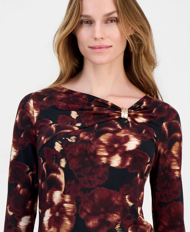 Anne Klein Women's Printed Asymmetric-Neck 3/4-Sleeve Top