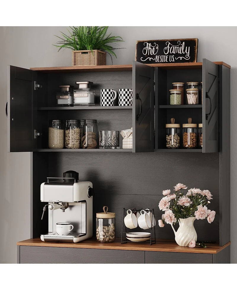 homfan 71 Inch Tall Farmhouse Kitchen Pantry Hutch with Charging Station, Microwave Surface and Two Drawers, Spacious Storage for Kitchen