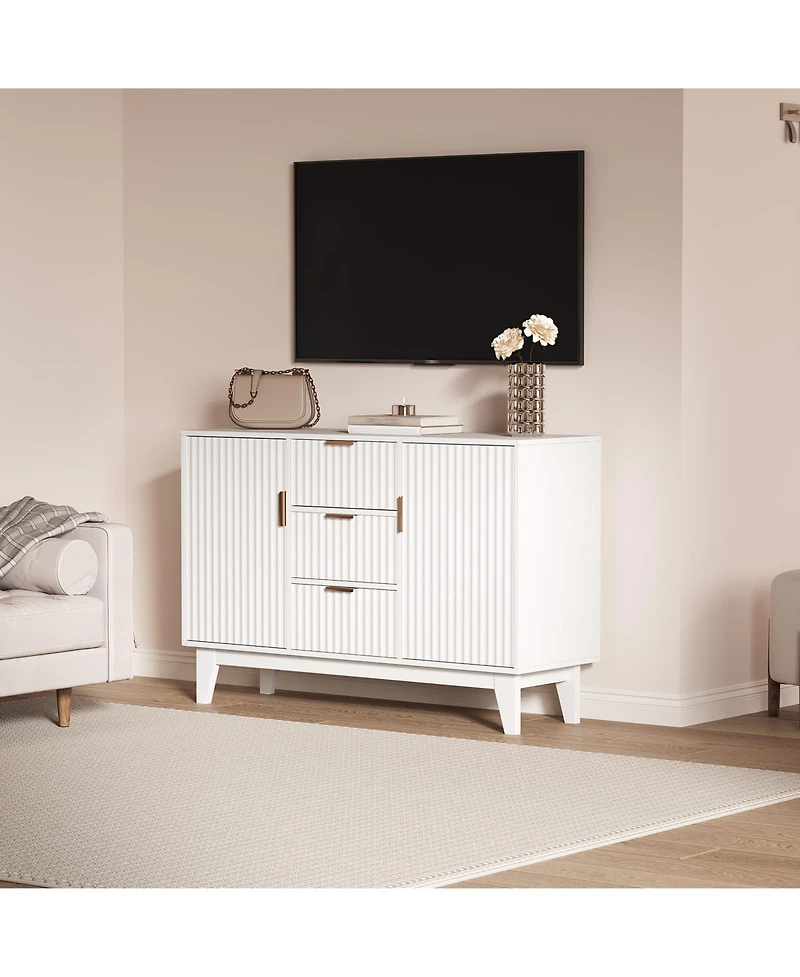 homfan Modern Fluted Sideboard Buffet Cabinet, 47 Inch Storage Cupboard with 3 Drawers, Adjustable Shelves, and Doors for Dining Room, Kitchen