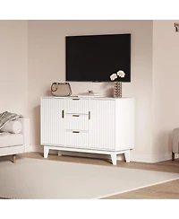 homfan Modern Fluted Sideboard Buffet Cabinet, 47 Inch Storage Cupboard with 3 Drawers, Adjustable Shelves, and Doors for Dining Room, Kitchen