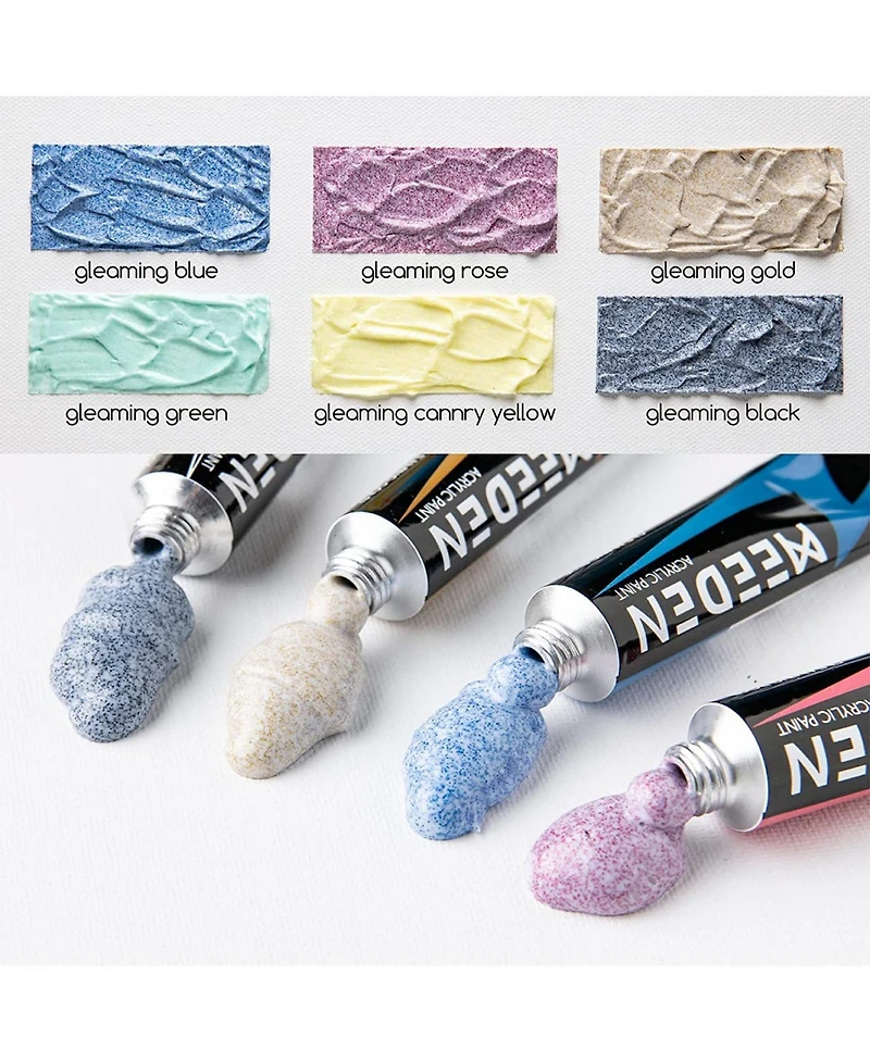Meeden Glitter Acrylic Paint Medium, 6 Tubes 22milliliter High Viscosity Shimmer Paints, Art Craft Paints with Glitter, Iridescent Paints for Canvas