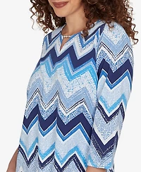 Alfred Dunner Petite Chevron Blues Split Neck Top