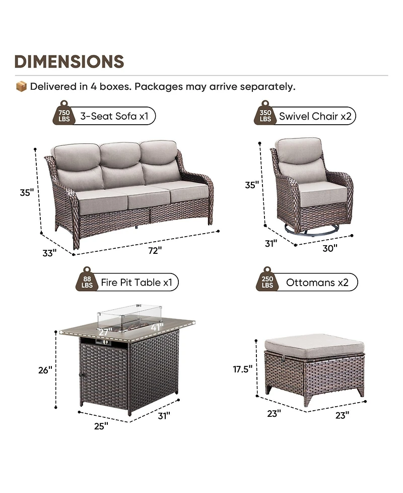 Pocassy Outdoor Patio Furniture Set 6Piece Wicker Conversation with Fire Pit, Swivel Chairs Sofa and Ottomans 6 Thick Cushion
