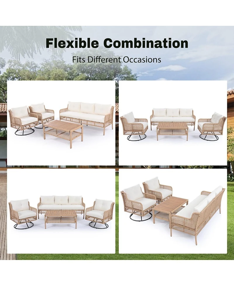 Asagikoiai 4-Piece Outdoor Conversation Set, Modular Pe Wicker Couch with Wood Coffee Table