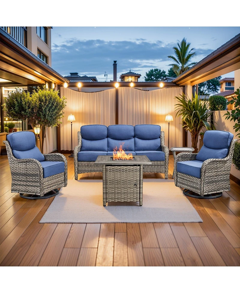Pocassy Patio Furniture Set with 6-inch Thick Cushion, Outdoor Fire Pit, Swivel Chairs, 5pices Wicker Conversation