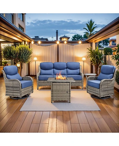 Pocassy Patio Furniture Set with 6-inch Thick Cushion, Outdoor Fire Pit, Swivel Chairs, 5pices Wicker Conversation