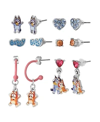 Bluey Earrings Set 6 Pairs Official License, Fashion Studs, Hoops, and Bluey and Bingo Dangle Charm Earrings with Crystals