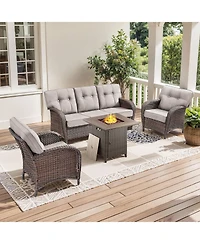 4 Piece Wicker Outdoor Furniture Set with Square Fire Pit Table, Outside Patio Deep Seating Conversation 5-inch Thick Cushion