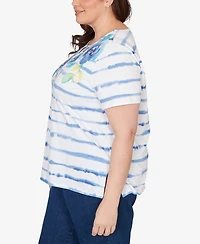 Alfred Dunner Plus Striped Floral Split Neck T-Shirt