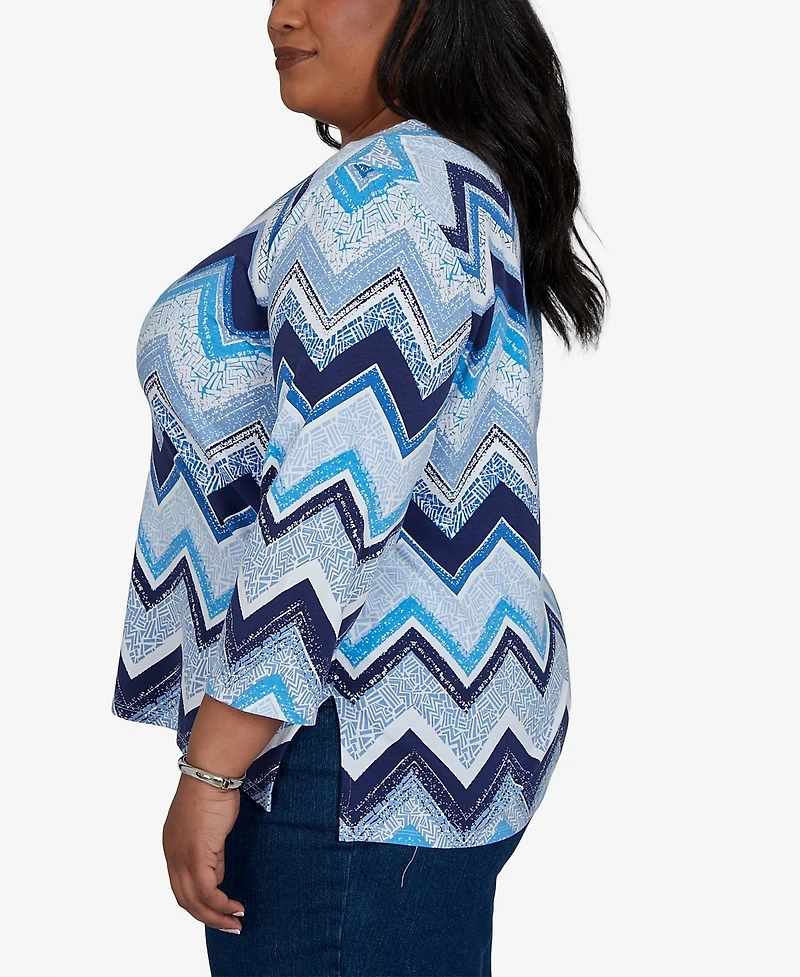Alfred Dunner Plus Chevron Blues Split Neck Top