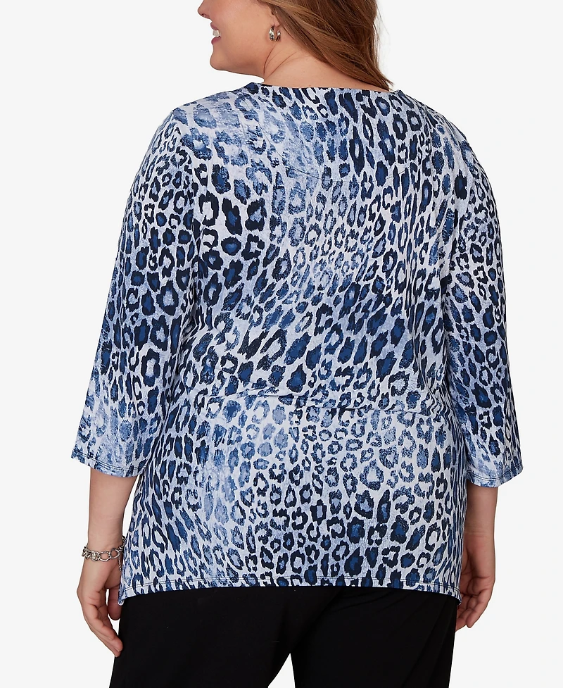 Alfred Dunner Plus Animal Puff Printed Top with Necklace