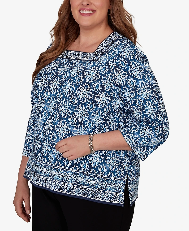 Alfred Dunner Plus Batik Tile Square Neck Top