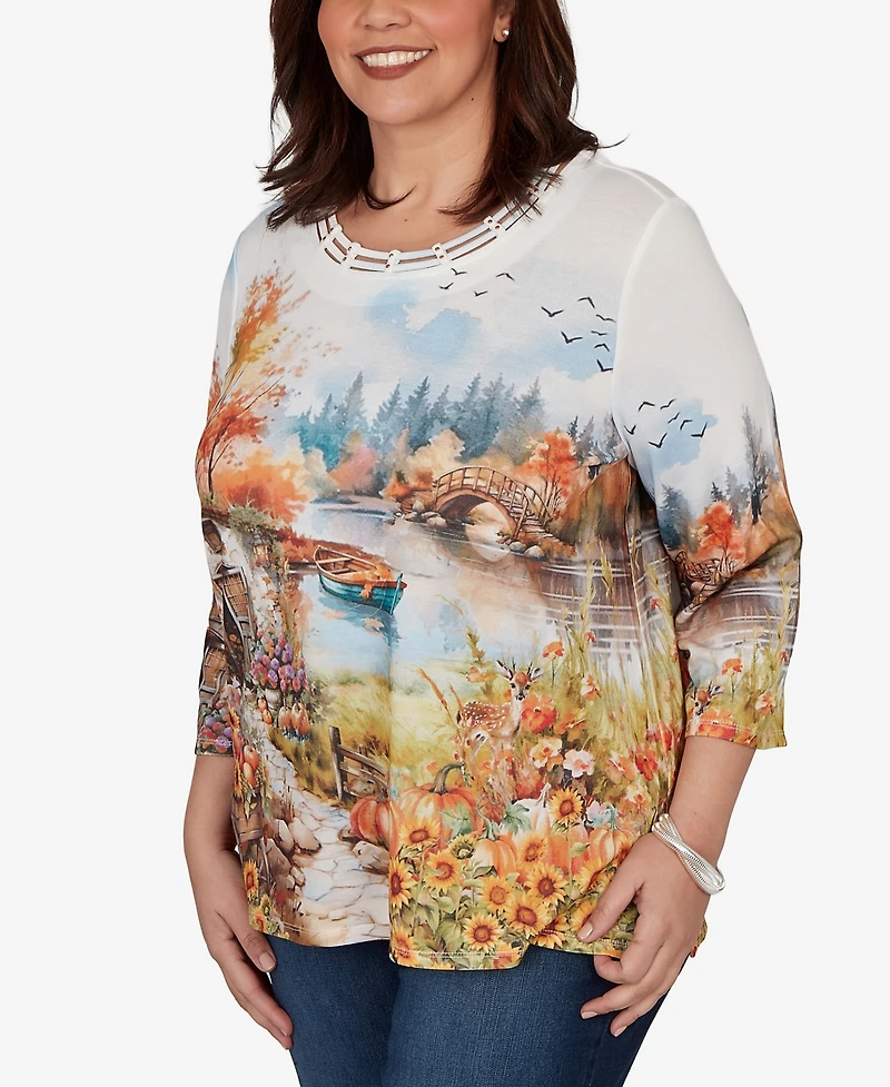Alfred Dunner Plus Autumn Lake Scenic Print Top