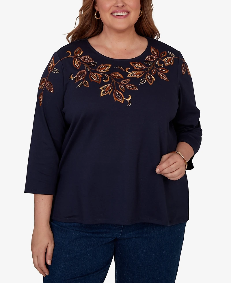 Alfred Dunner Plus Autumn Embroidered Navy Knit Top