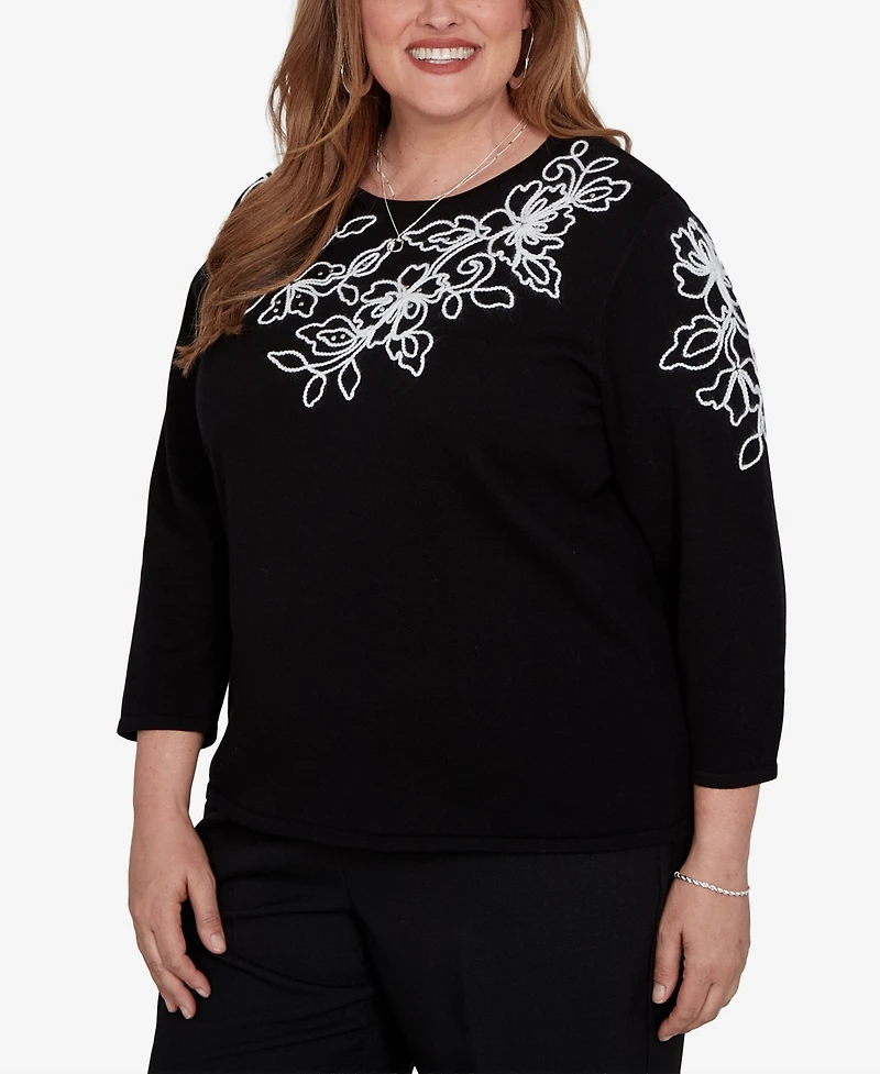 Alfred Dunner Plus Floral Scroll Soutache Sweater
