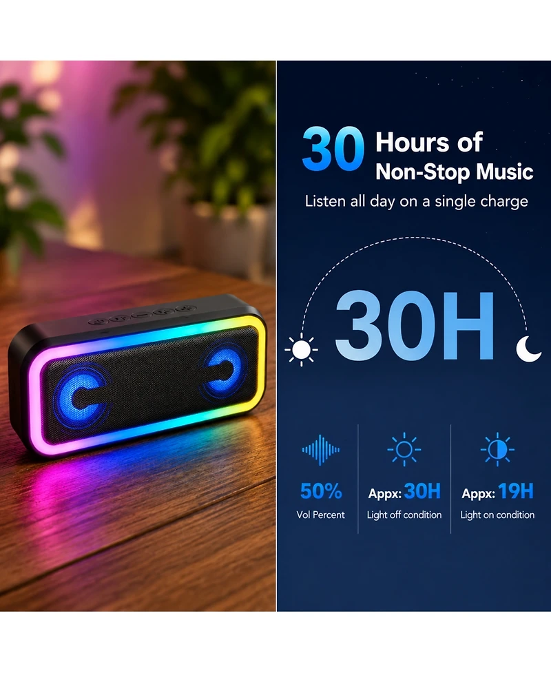 Aronkl Portable Bluetooth Speaker with Rgb Lights 24h Playtime IP67 Waterproof Tws Pairing