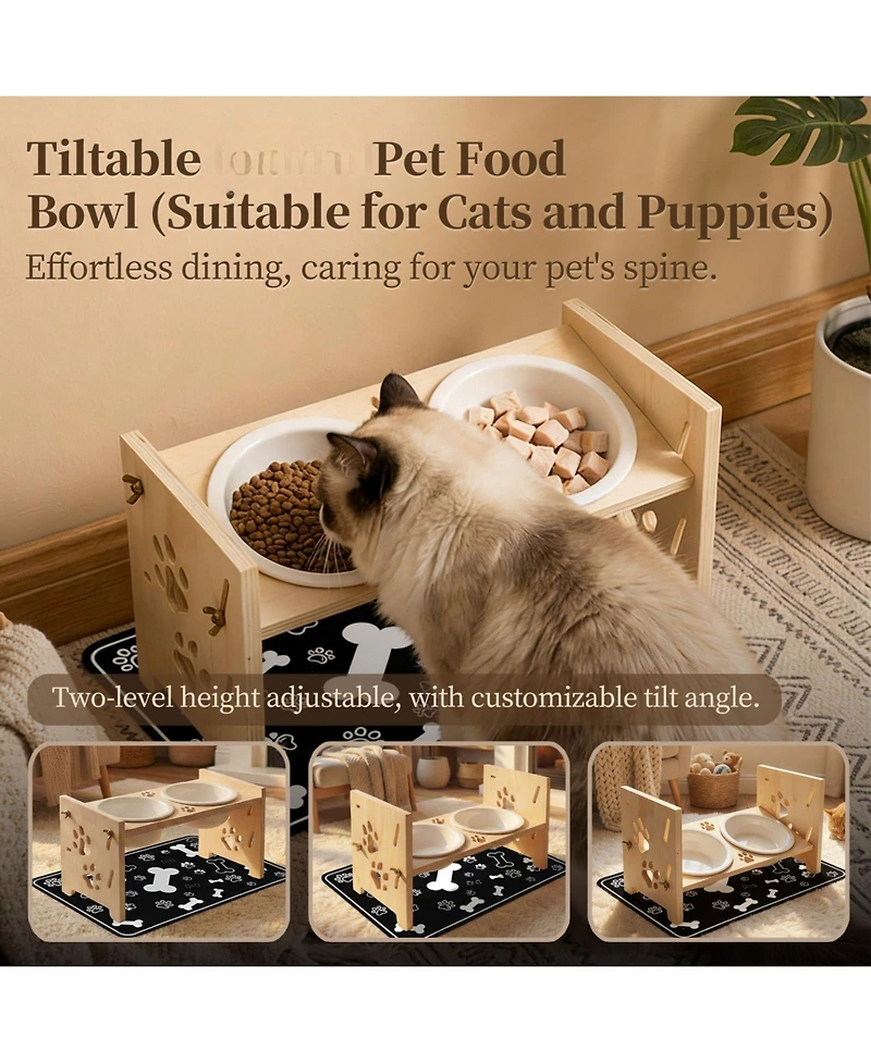 Aronkl Elevated Pet Feeding Stand Adjustable Height Angle Ceramic Bowls with Anti Splash Mat