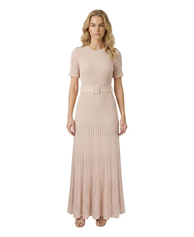 Modenaire Women's Ribbed Knit Belted Pleated Midi Dress